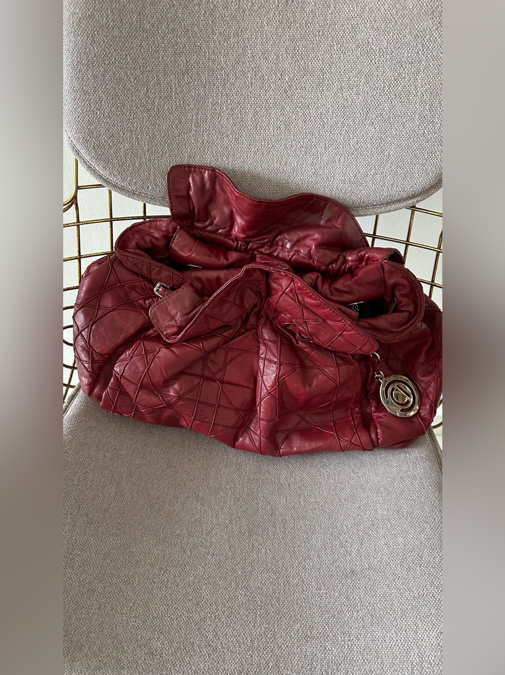 Dior Burgundy Quilted Leather Gathered Shoulder Bag